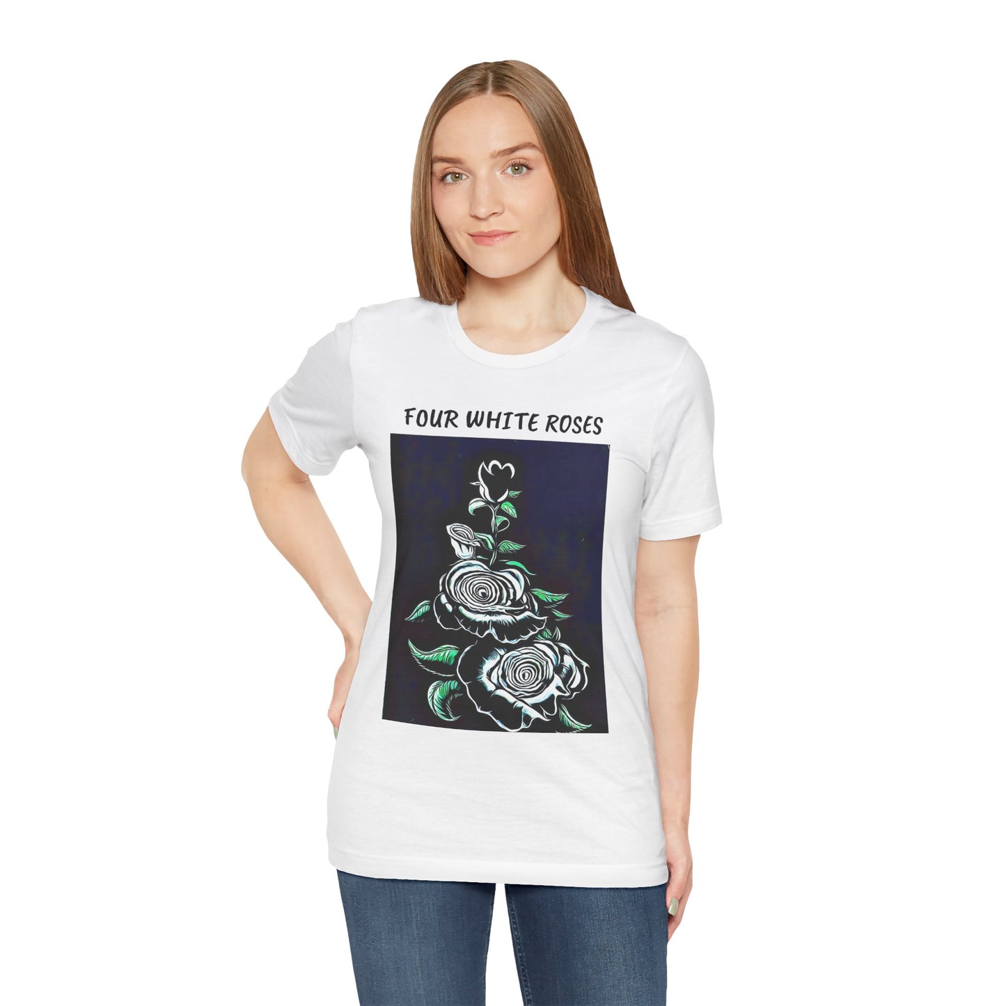 Four White Roses Unisex Jersey Tee – Floral Art Design